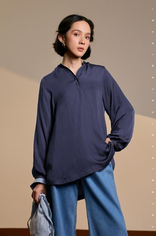 LAUREL BALLOON SLEEVE TOP IN CROWN BLUE (FULLY LINED)