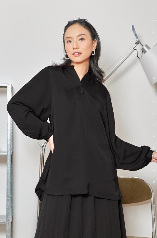 LAUREL BALLOON SLEEVE TOP IN BLACK (FULLY LINED)