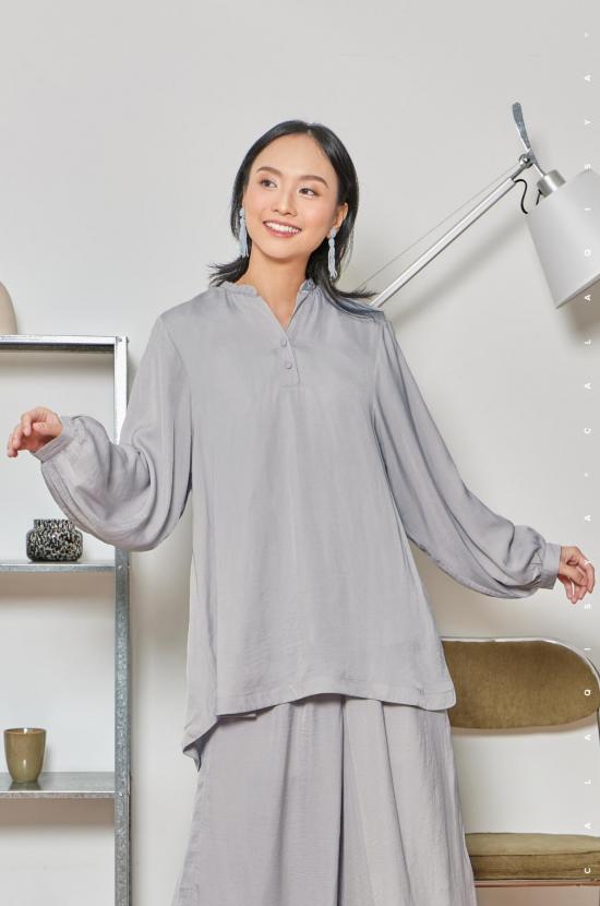 LAUREL BALLOON SLEEVE TOP IN SILVER SCONCE (FULLY LINED)