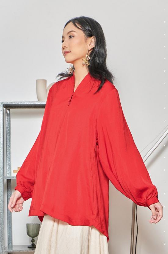 LAUREL BALLOON SLEEVE TOP IN URBAN RED (FULLY LINED)